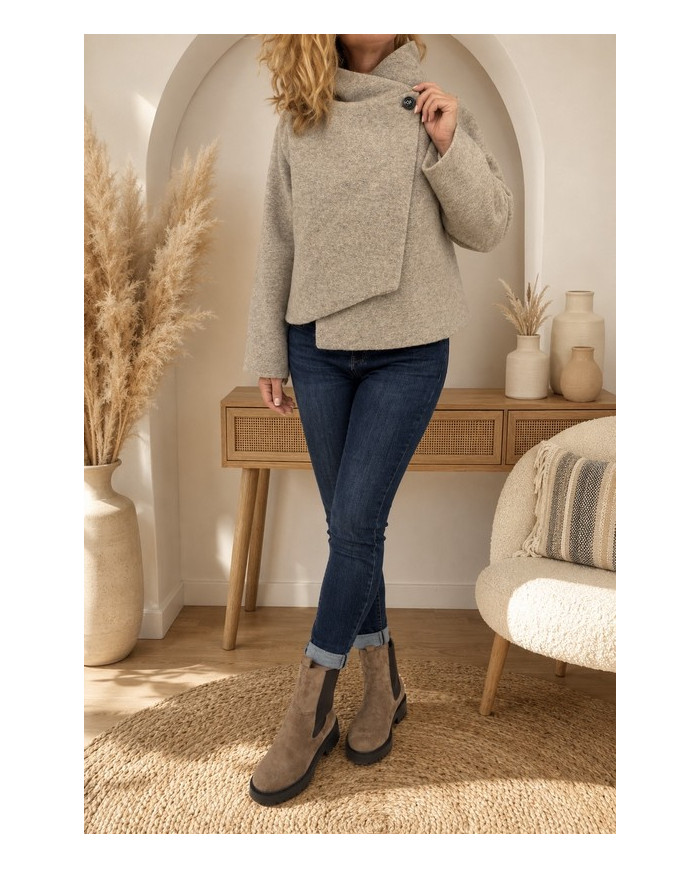 Veste taupe à capuche laine bouillie
