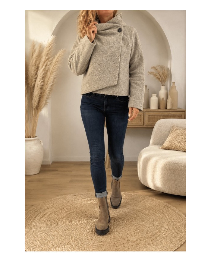 Veste taupe à capuche laine bouillie