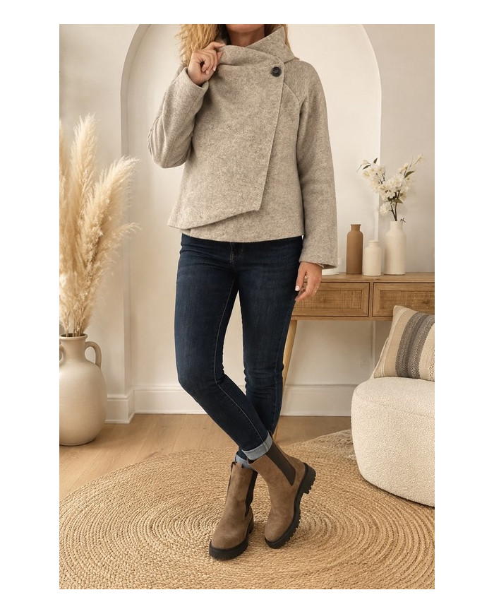 Veste taupe à capuche laine bouillie