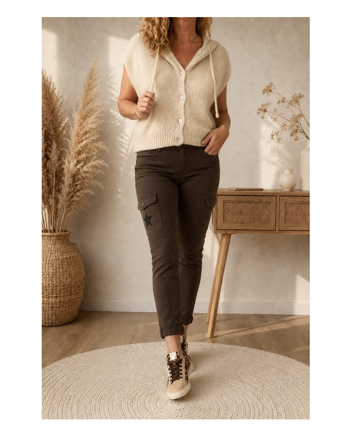 Gilet en mohair sans manches beige à capuche