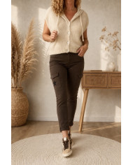 Gilet en mohair sans manches beige à capuche