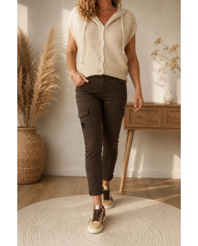 Gilet en mohair sans manches beige à capuche