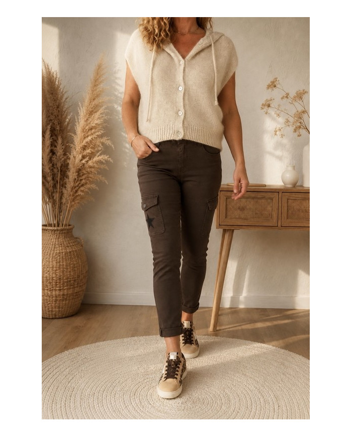 Gilet en mohair sans manches beige à capuche