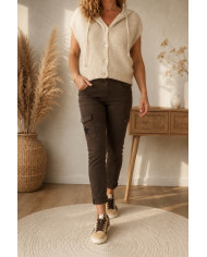 Gilet en mohair sans manches beige à capuche