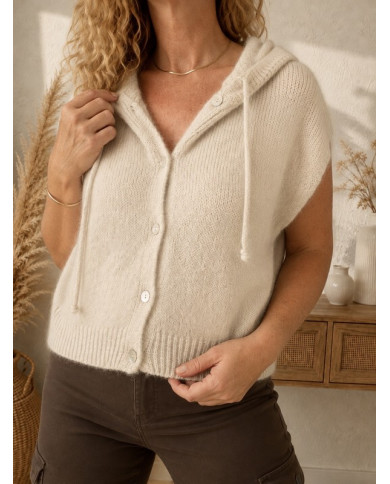Gilet en mohair sans manches beige à capuche