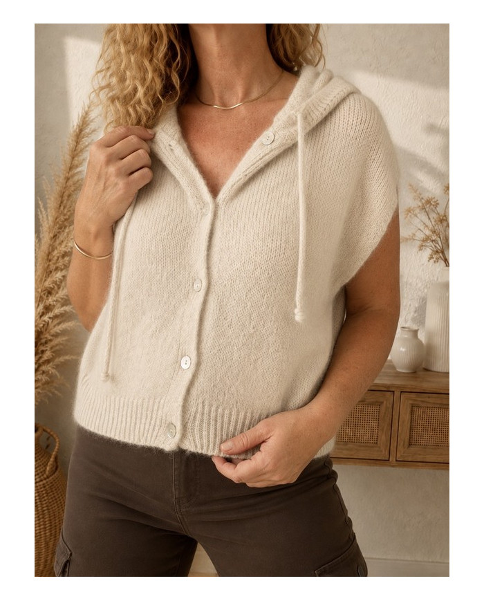 Gilet en mohair sans manches beige à capuche