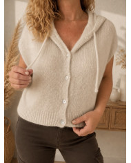 Gilet en mohair sans manches beige à capuche
