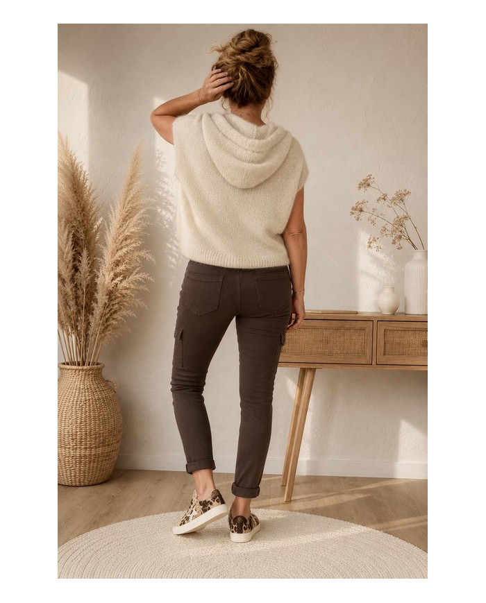 Gilet en mohair sans manches beige à capuche