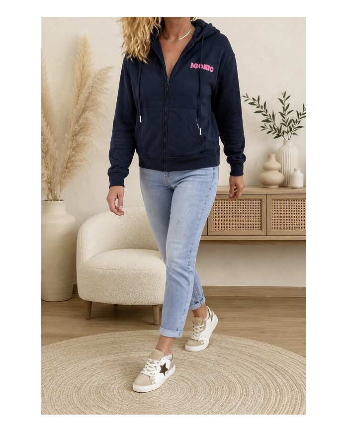 Sweat zippé à capuche bleu marine "Iconic"