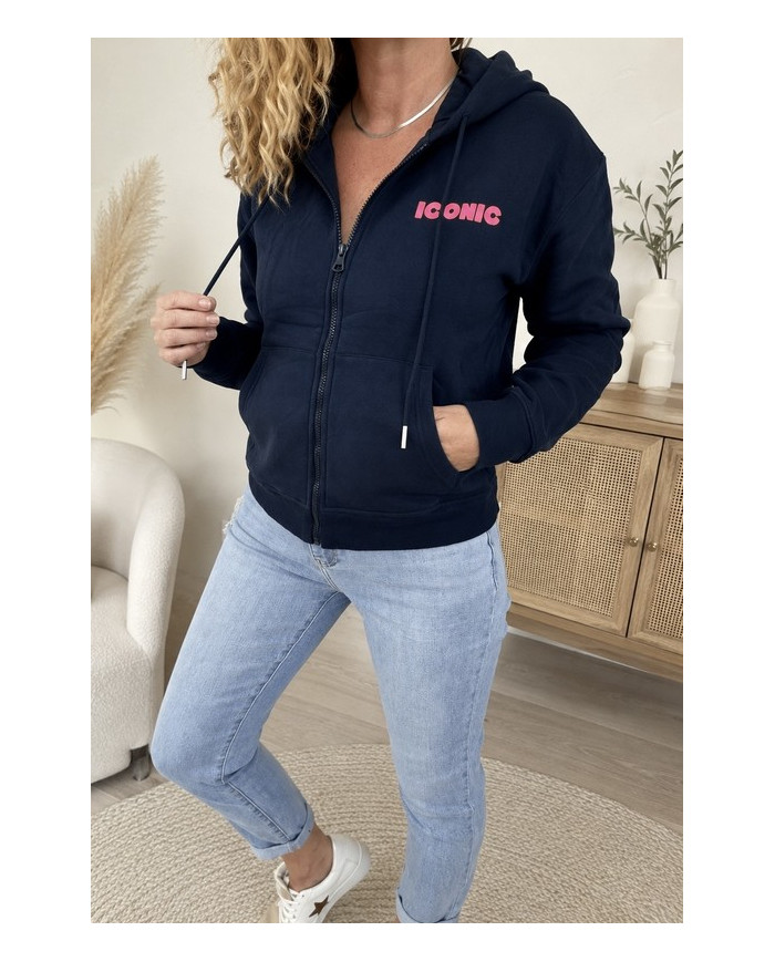 Sweat zippé à capuche bleu marine "Iconic"