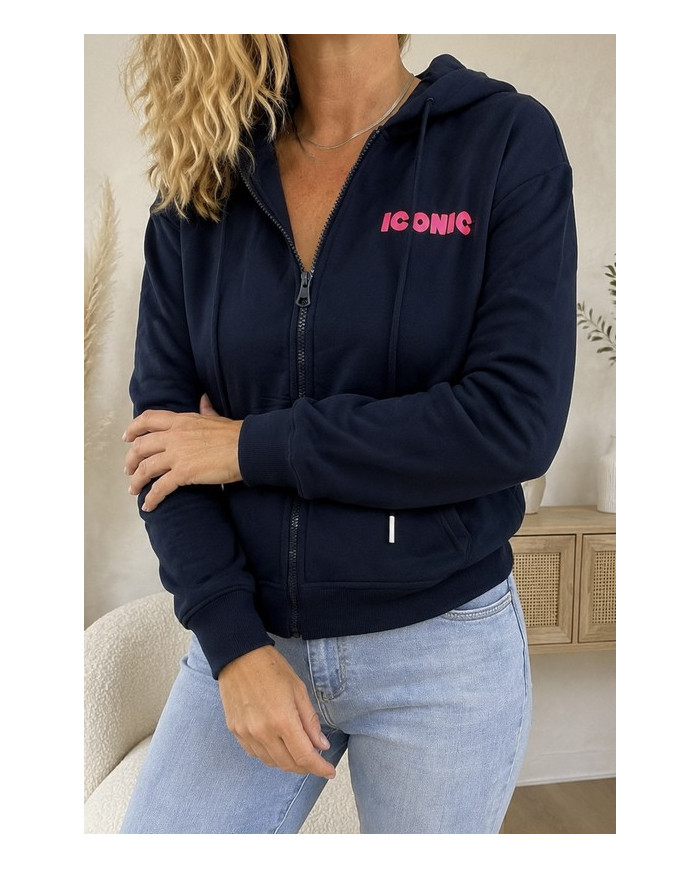 Sweat zippé à capuche bleu marine "Iconic"