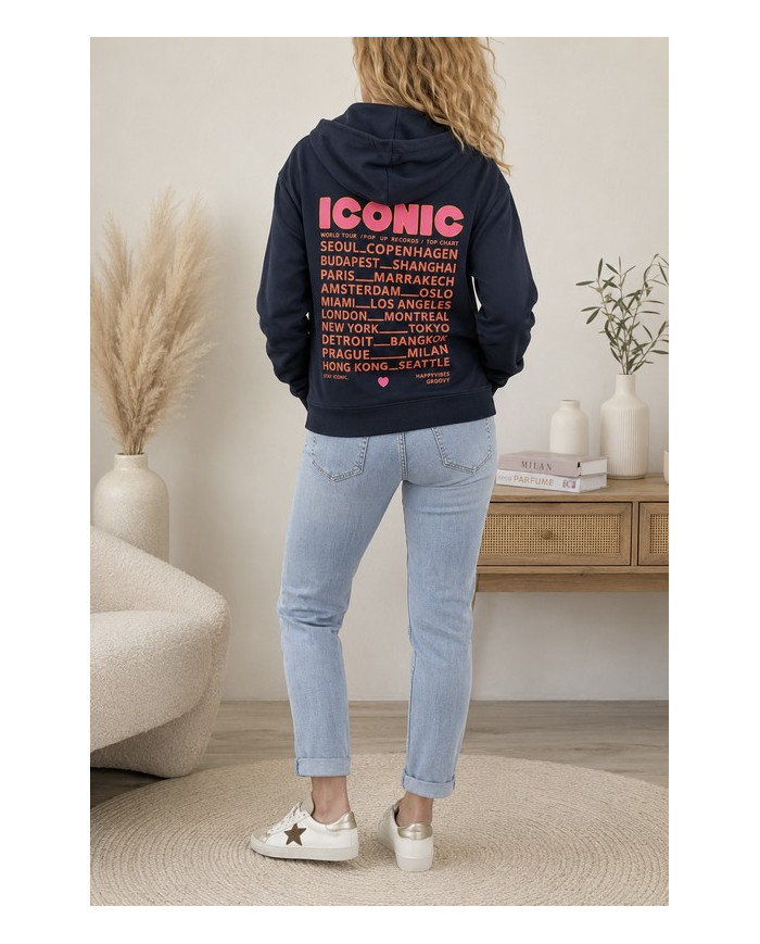Sweat zippé à capuche bleu marine "Iconic"