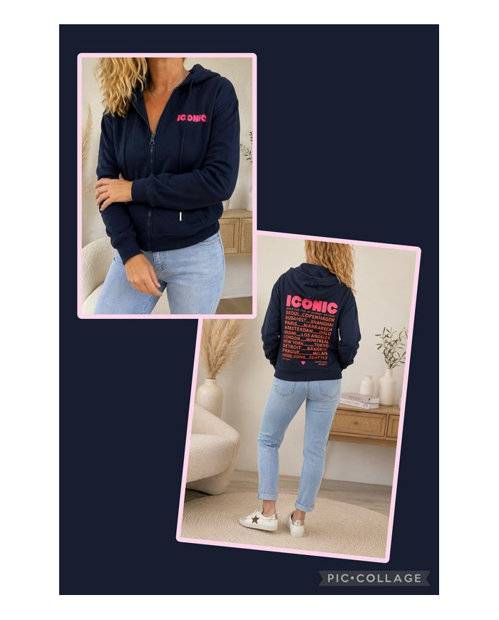 Sweat zippé à capuche bleu marine "Iconic"