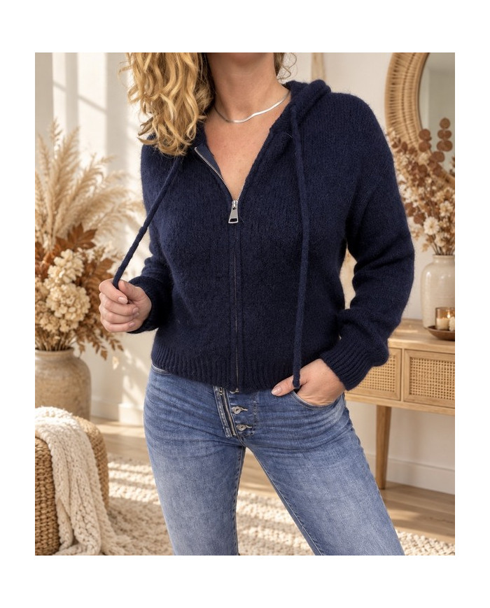 Gilet à capuche mohair tout doux bleu marine Ella