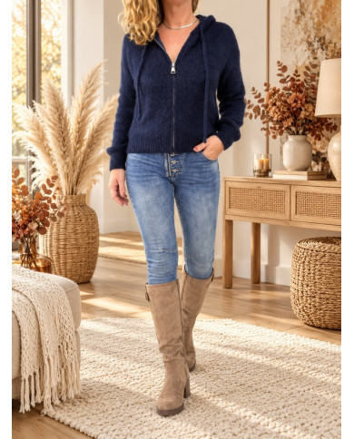 Gilet à capuche mohair tout doux bleu marine Ella