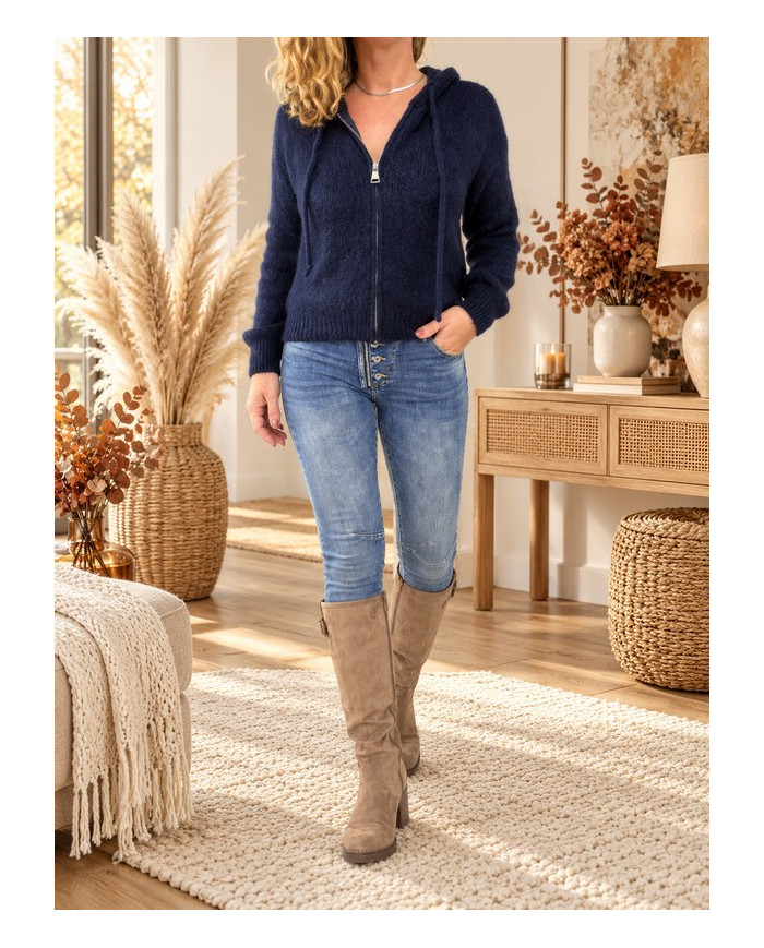 Gilet à capuche mohair tout doux bleu marine Ella