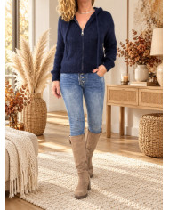 Gilet à capuche mohair tout doux bleu marine Ella