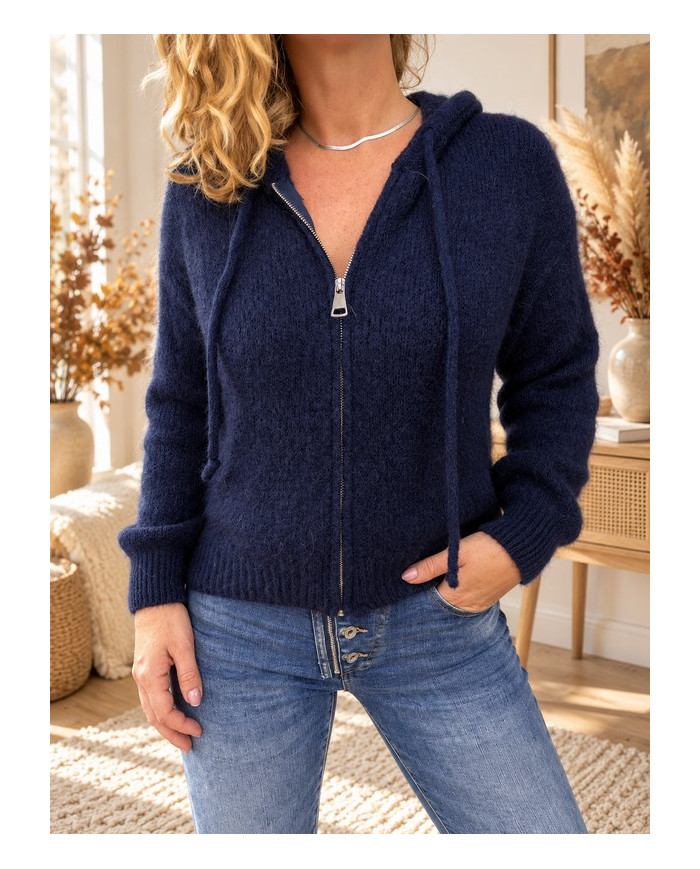 Gilet à capuche mohair tout doux bleu marine Ella