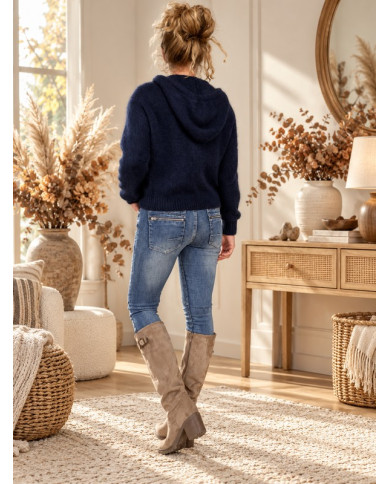 Gilet à capuche mohair tout doux bleu marine Ella