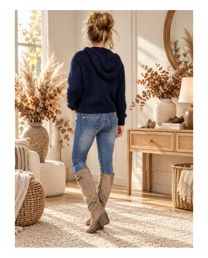 Gilet à capuche mohair tout doux bleu marine Ella
