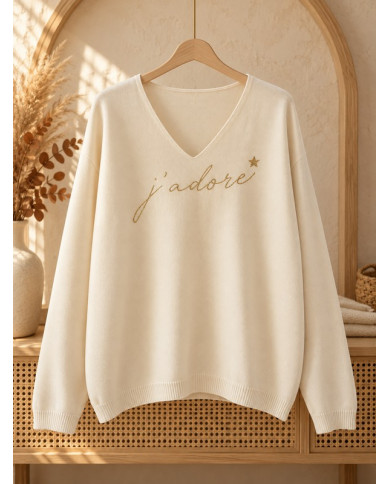 Pull écru & doré "J'adore"