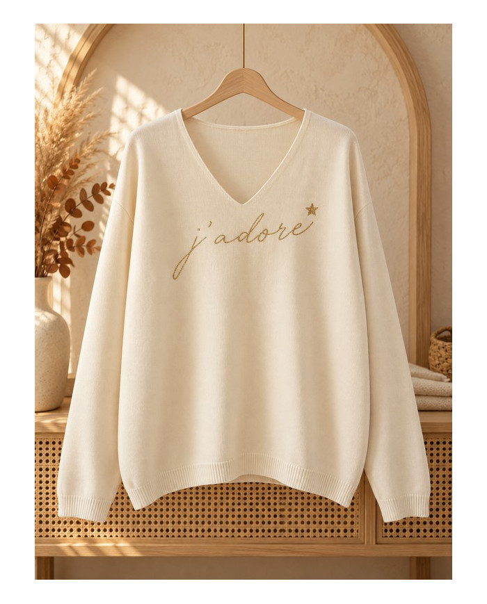 Pull écru & doré "J'adore"