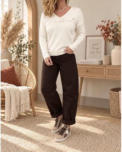 Pull écru & doré "J'adore"