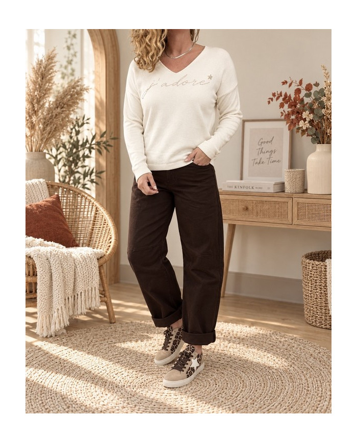 Pull écru & doré "J'adore"