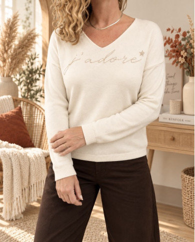 Pull écru & doré "J'adore"