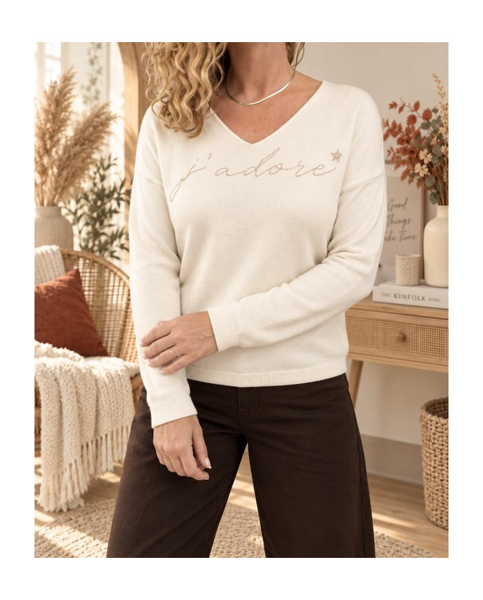 Pull écru & doré "J'adore"