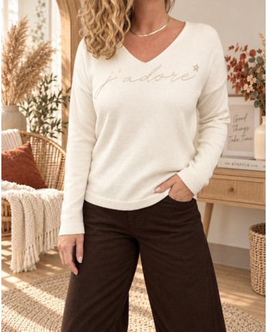 Pull écru & doré "J'adore"