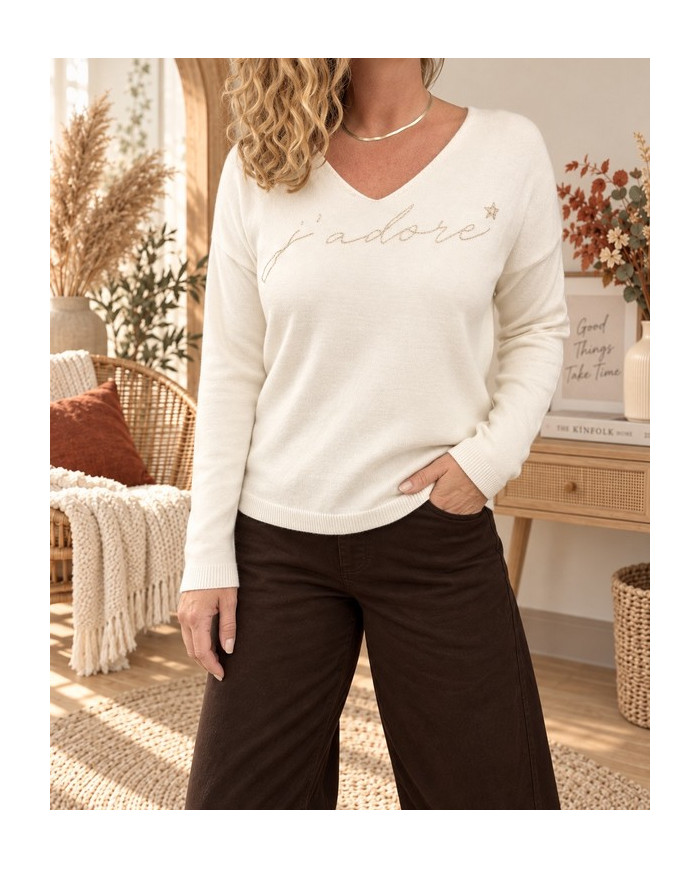 Pull écru & doré "J'adore"