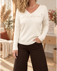 Pull écru & doré "J'adore"