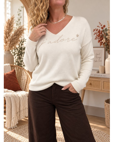 Pull écru & doré "J'adore"