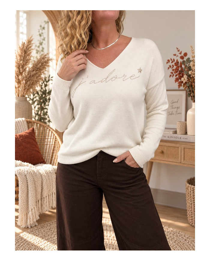 Pull écru & doré "J'adore"