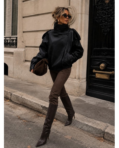 Veste bombers en simili cuir noir Nelly
