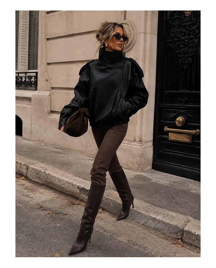 Veste bombers en simili cuir noir Nelly