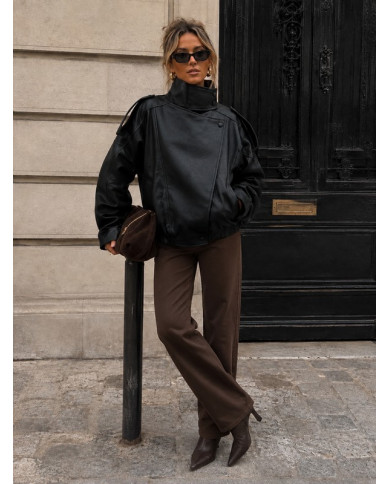 Veste bombers en simili cuir noir Nelly