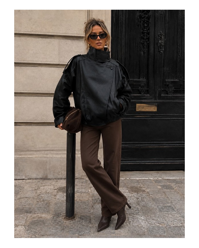 Veste bombers en simili cuir noir Nelly