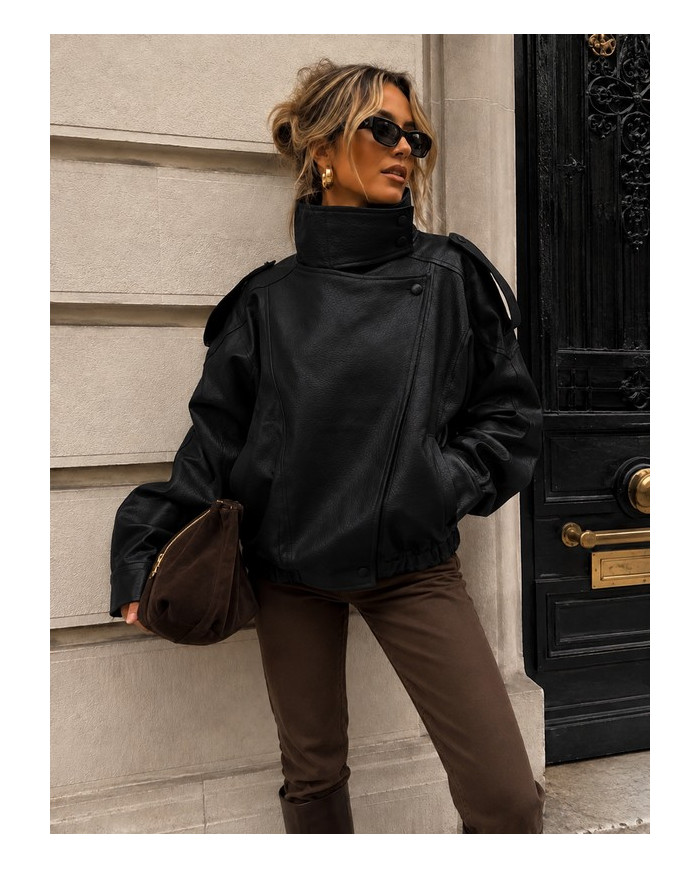 Veste bombers en simili cuir noir Nelly