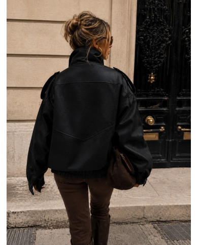 Veste bombers en simili cuir noir Nelly