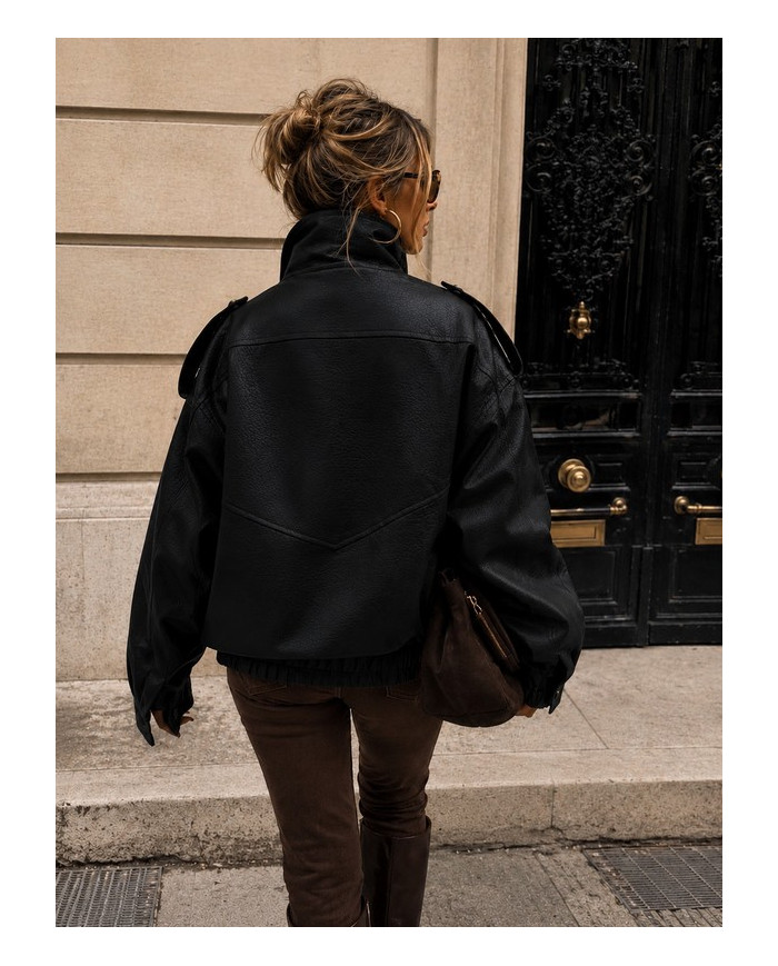 Veste bombers en simili cuir noir Nelly