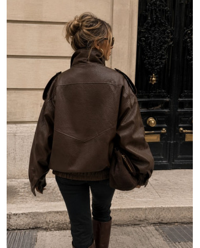 Veste bombers en simili cuir marron Hélène