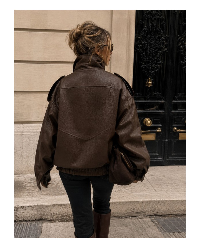 Veste bombers en simili cuir marron Hélène