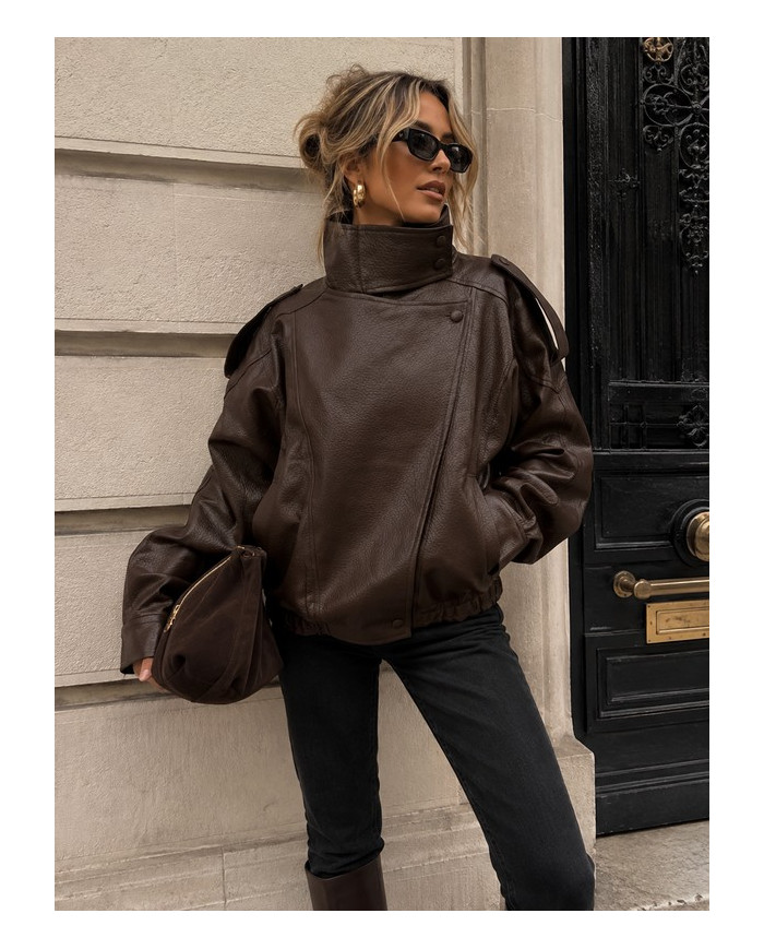 Veste bombers en simili cuir marron Hélène