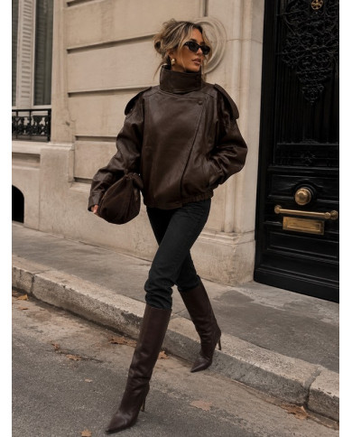 Veste bombers en simili cuir marron Hélène