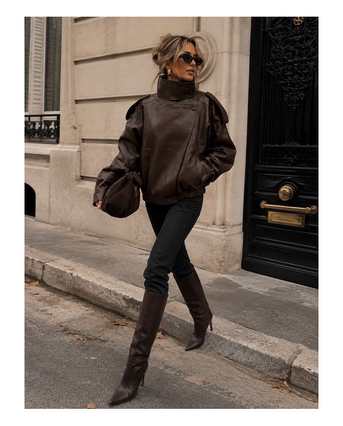 Veste bombers en simili cuir marron Hélène