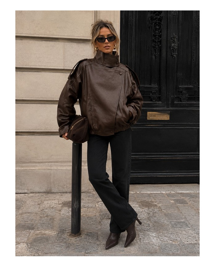 Veste bombers en simili cuir marron Hélène