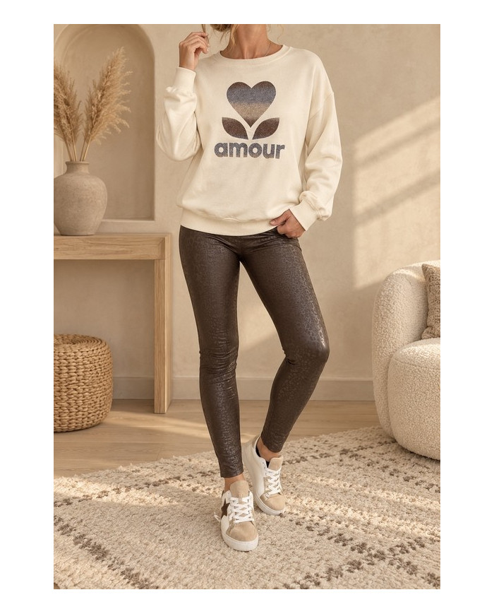 Legging marron chocolat en simili reflet léopard