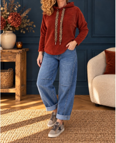 Sweat velours avec capuche rouille terracotta
